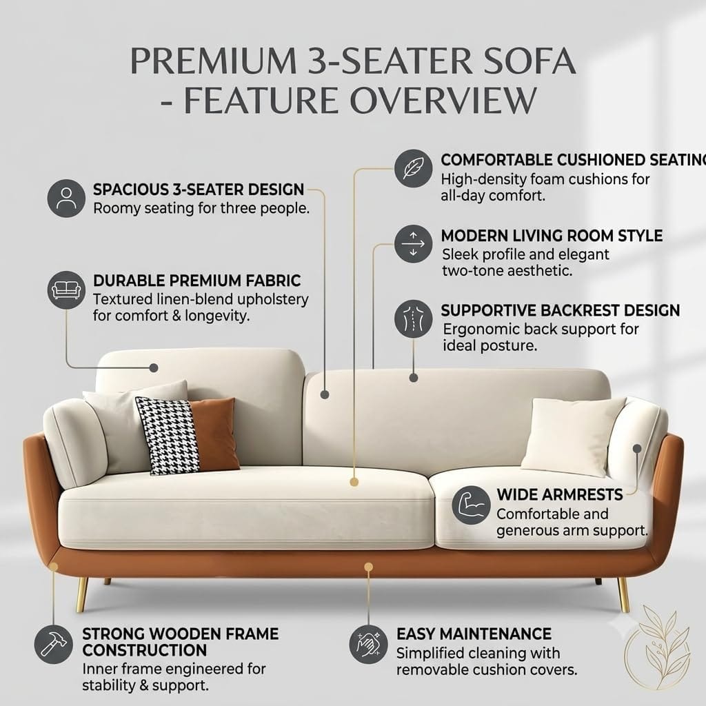 Supriva Premium 3-Seater Sofa | Modern Upholstered Sofa with Cushioned Seating & Strong Wooden Frame - Image 5
